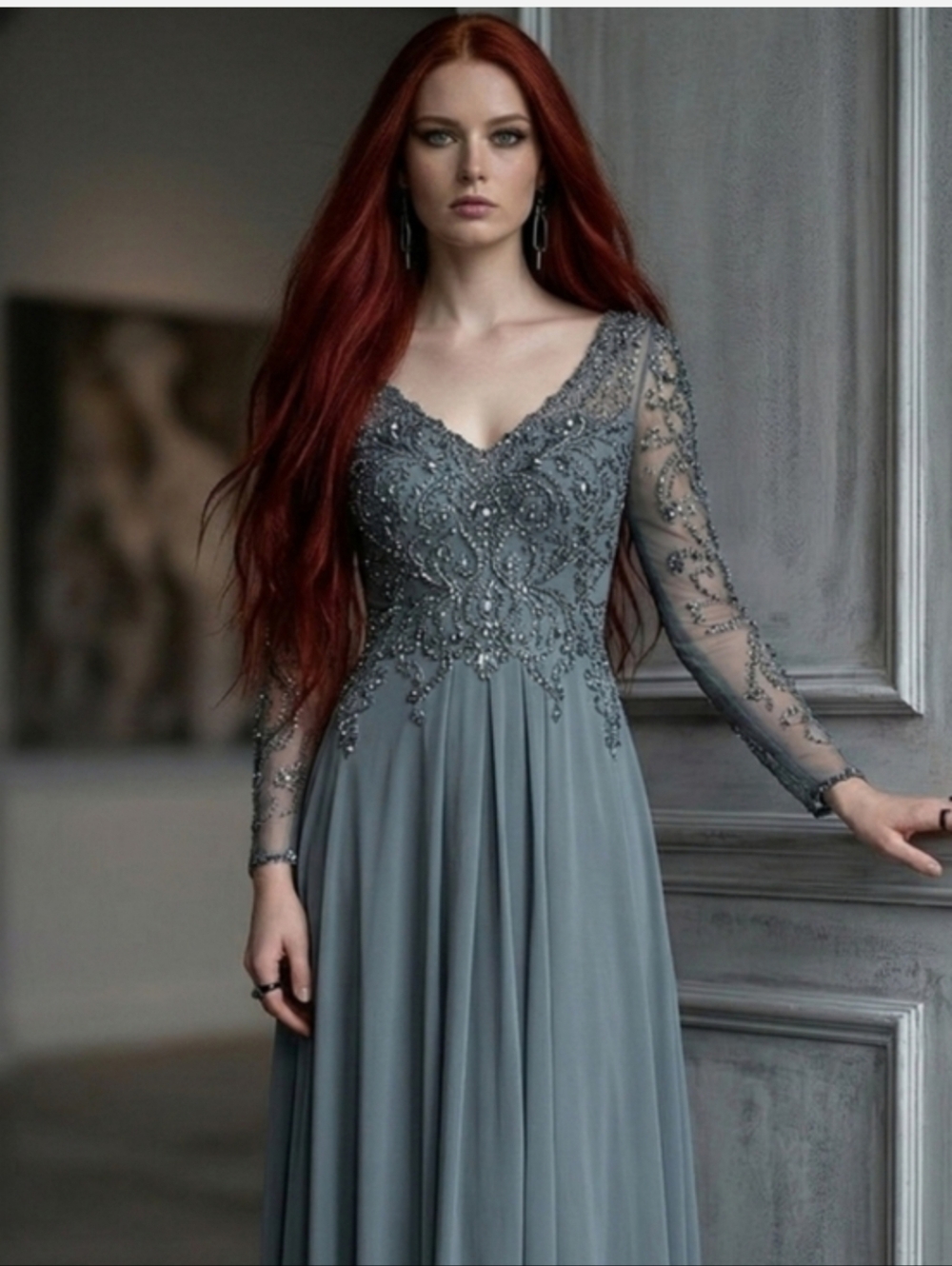 MGNY Madeline Gardner Slate Gray Beaded Illusion Gown - Size 6- Tea Length - Picture 15 of 16
